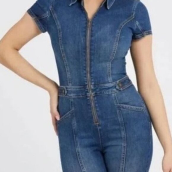 GUESS Collared Denim Jeans Jumpsuit Short Sleeve Zip Front Logo Stretchy Blue XS - Picture 3 of 7
